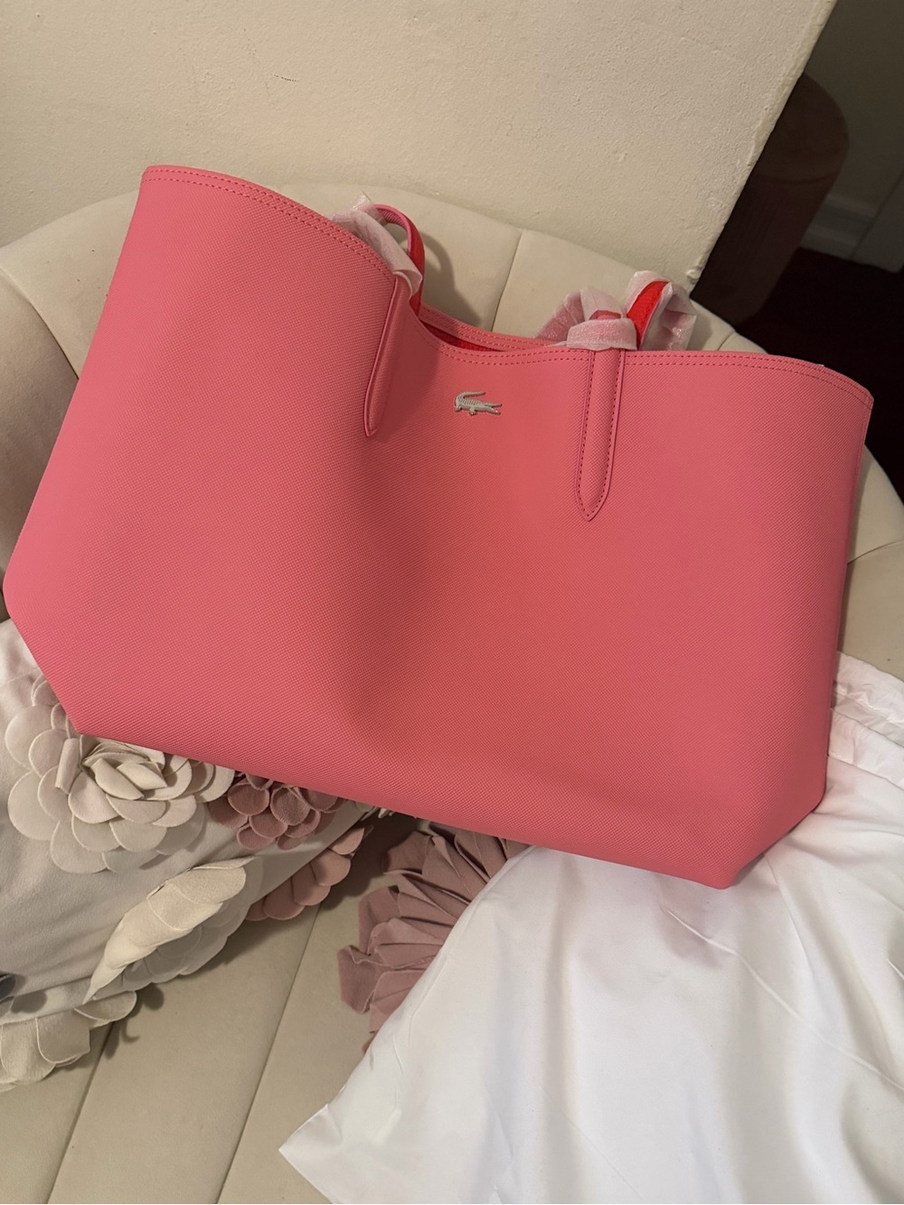 Lacoste Bright Pink Tote with Silver Crocodile